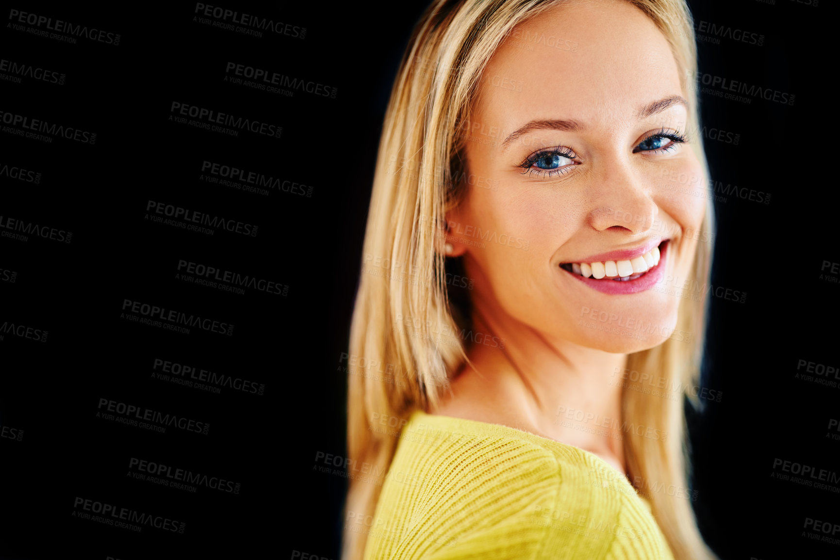 Buy stock photo Skincare, space or portrait of happy woman with smile in studio isolated on black background for mockup. Smooth, facial results or face of confident model or natural female person with shine and glow