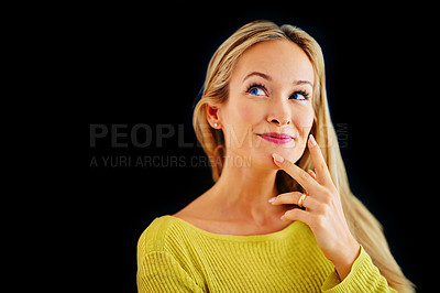 Buy stock photo Dark background, smile and woman with plan, thinking and idea for story of fantasy for author in studio. Adult, girl and female person daydreaming of inspiration in mind, contemplating and happy