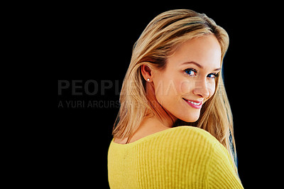 Buy stock photo Fashion, mockup space or portrait of happy woman in studio isolated on black background for style. Smile, lady or face of confident model or natural female person with aesthetic or stylish clothes