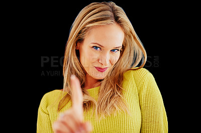 Buy stock photo Woman, portrait and studio with hand for number one, symbol and gesture for top choice or decision. Female person, finger and sign for winning or success, victory and champion or vote for product.