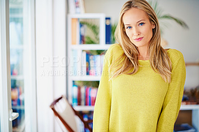 Buy stock photo Portrait, calm and woman in a home library for weekend reading, relax or stress relief in house. Book shelf, face and female person in study room for me time, novel or chilling on weekend or day off