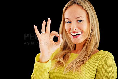 Buy stock photo Portrait, perfect or happy woman in studio for beauty or skin approval isolated on black background. Sign, winner or confident person with okay hand gesture or emoji for agreement, like or thank you