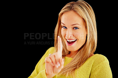 Buy stock photo Woman, portrait and studio with finger for number one, symbol and gesture for top choice or decision. Female person, hand and sign for winning or success, victory and champion or vote for product.