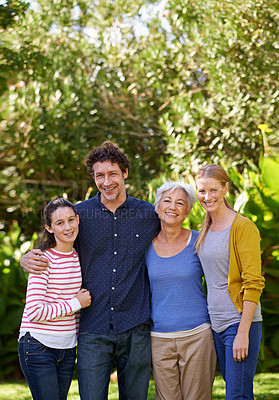 Buy stock photo Family are happy in portrait, parents with kid and grandmother, happiness outdoor in nature park together. Love, trust and support with people spending quality time with care and generations