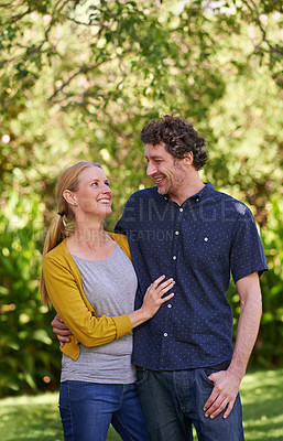 Buy stock photo Love, smile and happy couple hug in a park for fun, bonding or vacation together in nature. Travel, face and people embrace in a forest with care, trust and support, romance or fresh air in Australia