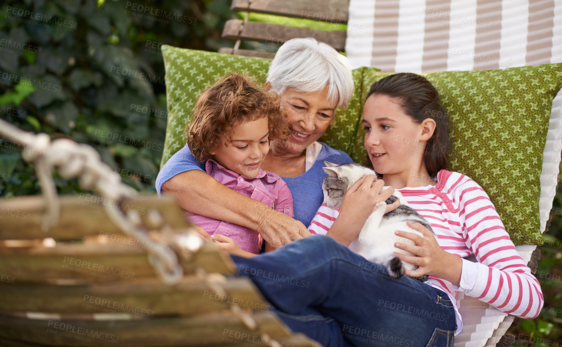 Buy stock photo Shot of a grandmother and her grandchildren sitting outside on a hammock together with a cat