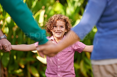 Buy stock photo Happy family, holding hands and child dance outdoor or play game in summer together in a circle at park. Ring a rosy, smile and kid in garden on holiday, vacation and bonding with parents in nature