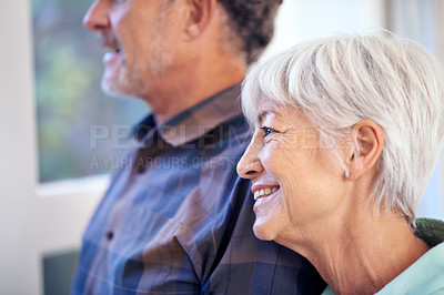 Buy stock photo Old couple, smile and thinking with memory or reflection on life together, bonding with love and nostalgia at home. Happy people, retirement and pension, remember choice or decision with mindfulness