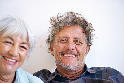 Buy stock photo Old couple, face and relax with happiness in the home, love and security with comfort for bonding. Marriage, partner and retirement together with smile in portrait, people with trust and loyalty