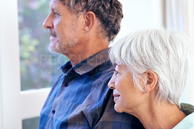 Buy stock photo Old couple, relax with thinking or reflection on life together, memory and nostalgia with peace and calm at home. Mindfulness, love and people with commitment in marriage, remember and retirement