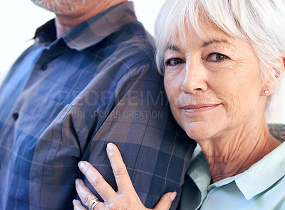 Buy stock photo Portrait, senior couple and woman with partner for love, care or bonding together in studio. Face, people or elderly person with commitment to marriage, loyalty or healthy relationship in retirement