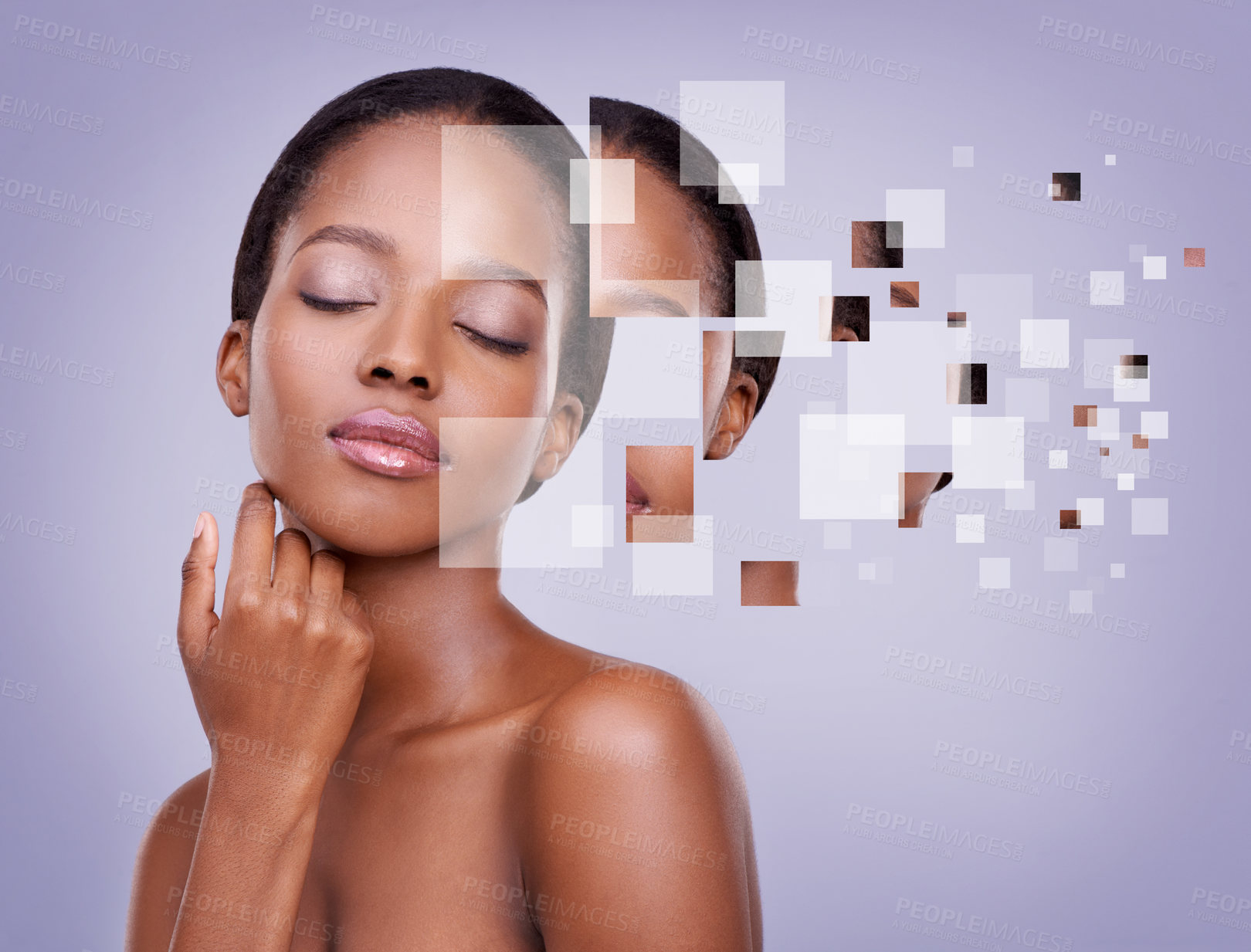 Buy stock photo Face, beauty and pixel with black woman in studio n purple background for dermatology or cosmetics. Skincare, facial and natural wellness with confident young model at spa for digital makeover