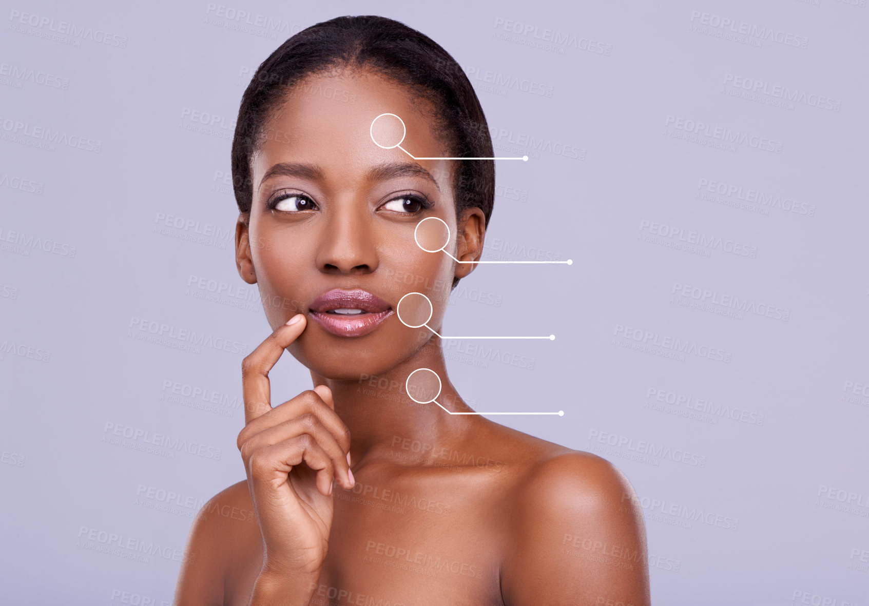 Buy stock photo Face, thinking and skincare analysis with black woman in studio on purple background for antiaging treatment. Beauty, facial and dermatology with confident young person at spa for skin hydration