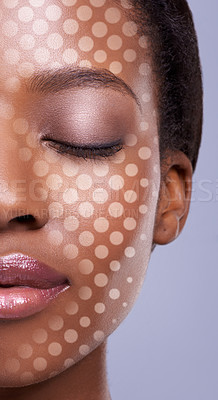 Buy stock photo Beauty, grid and facial recognition with black woman closeup in studio on purple background. Face, future and hologram with confident young model rendering natural skin for evaluation or treatment