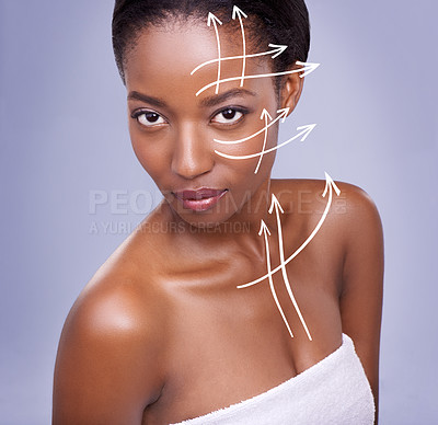 Buy stock photo Portrait, beauty and arrows for plastic surgery with black woman in studio isolated on purple background. Skincare, wellness or face lift with confident young person at dermatology consultation