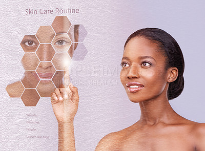 Buy stock photo Skincare, presentation or menu at spa with black woman in studio on purple background for instructions. Beauty, advertising and marketing with confident young model at information chart for routine