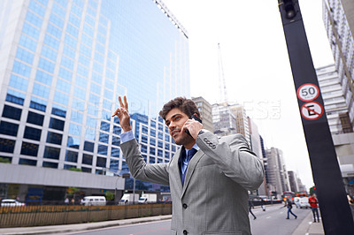 Buy stock photo Phone call, businessman and stop taxi in city to travel, talking or communication of salesman outdoor in town. Smartphone, transport and professional hailing a cab or commute on street for trip