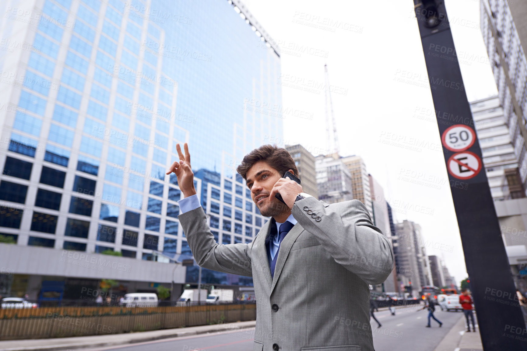 Buy stock photo Phone call, businessman and stop taxi in city to travel, talking or communication of salesman outdoor in town. Smartphone, transport and professional hailing a cab or commute on street for trip