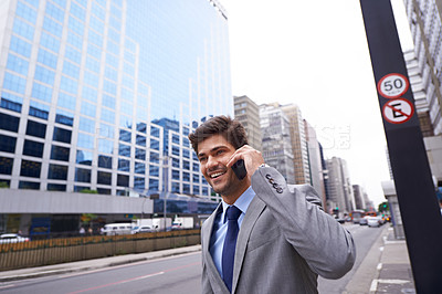 Buy stock photo Business man, phone call and communication in city, speaking and b2b on commute or journey. Professional person, networking and app for talking in urban, negotiation and lawyer consulting on trip