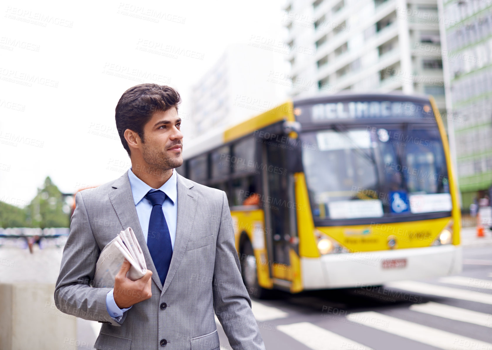 Buy stock photo City, newspaper and business man for commute, travel and walking journey to office building. Corporate, morning and person in urban town for confidence, professional and employee for transportation