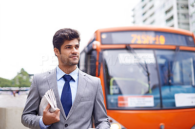 Buy stock photo City, newspaper and businessman for commute, travel and walking journey to office building. Corporate, morning and person in urban town for confidence, professional or employee for bus transportation