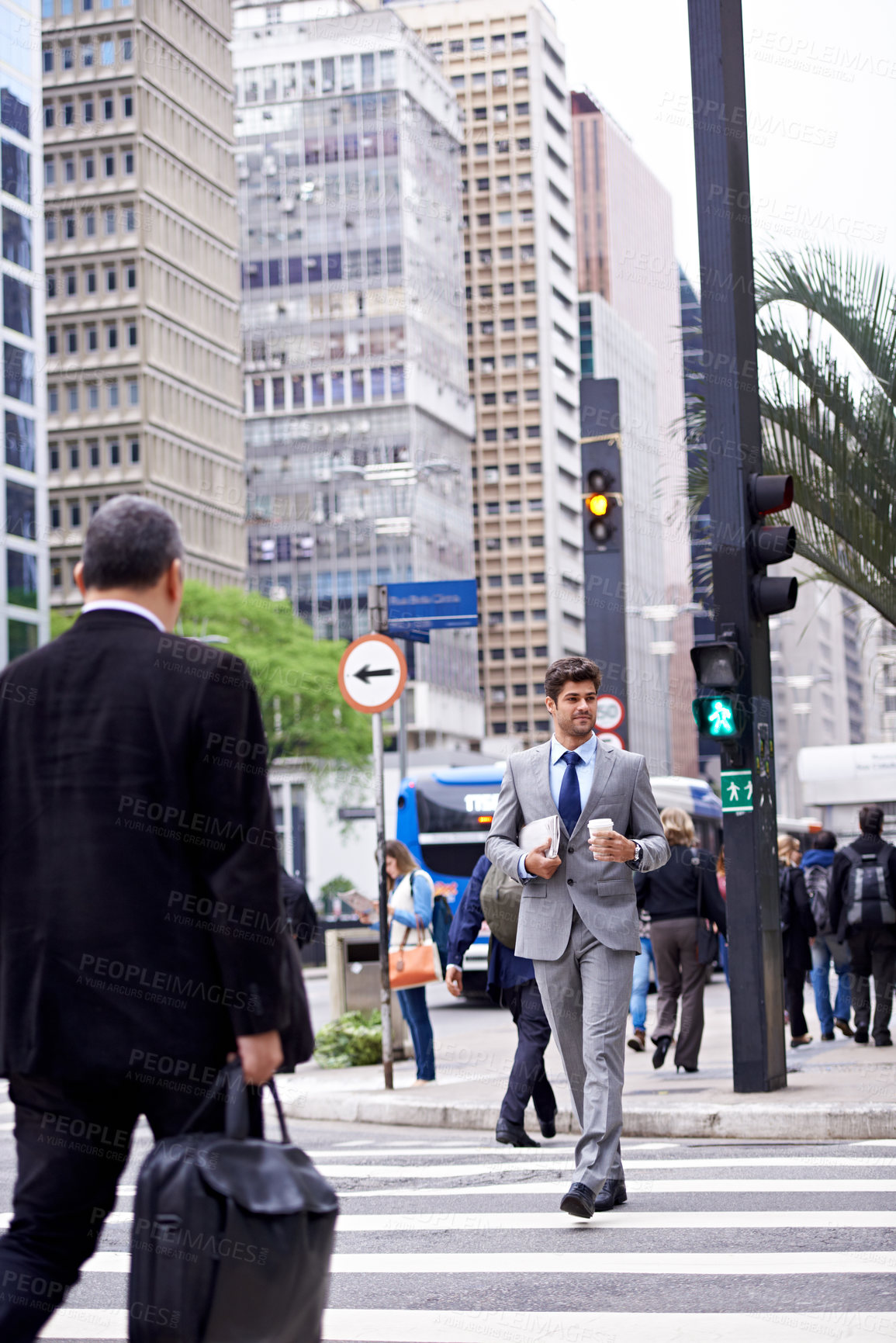 Buy stock photo Man, city and coffee with commute, travel and thinking for career or job. Businessman, walk and cape town with cityscape, startup or professional work with morning routine in urban environment