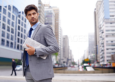 Buy stock photo Businessman, city and newspaper with commute, travel and  thinking for career or job. Man, walk and cape town with corporate, startup or professional work with morning routine in urban environment