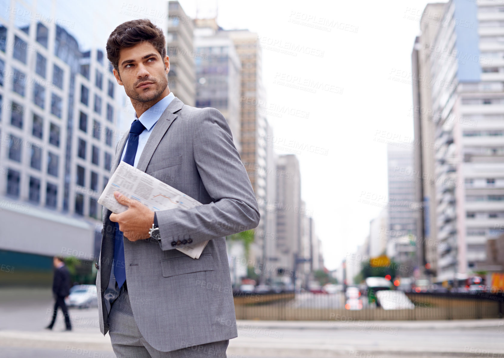 Buy stock photo Businessman, city and newspaper with commute, travel and  thinking for career or job. Man, walk and cape town with corporate, startup or professional work with morning routine in urban environment