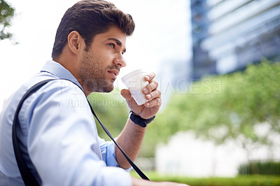 Buy stock photo Professional, businessman and coffee for thinking in city, planning and thoughts for startup project. Outdoors, cappuccino and male person drinking expresso for idea, caffeine and energy in morning