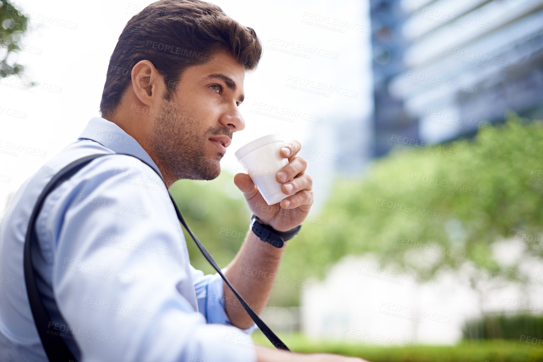 Buy stock photo Professional, businessman and coffee for thinking in city, planning and thoughts for startup project. Outdoors, cappuccino and male person drinking expresso for idea, caffeine and energy in morning