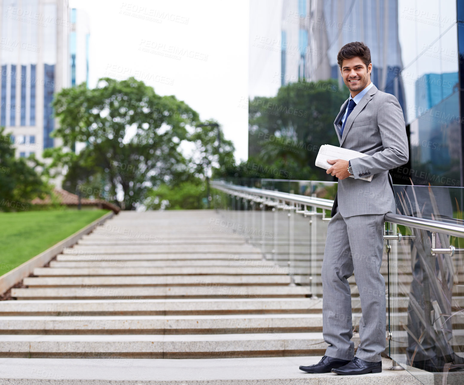 Buy stock photo Businessman, park and newspaper with commute, travel and  thinking for career or job. Man, walk and cape town with downtown, startup or professional work with morning routine in urban environment