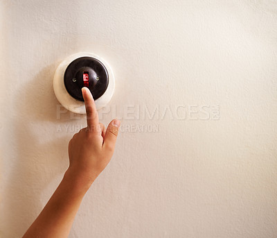 Buy stock photo Hand, child and switch on wall for light, electricity and power in house, home and living room with mockup space. Touch, lever and finger of kid by electrical button for lighting, lamp and glow