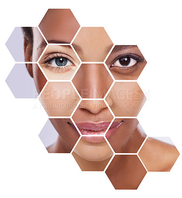 Buy stock photo Skincare, dermatology and portrait of women with hexagon for wellness, beauty and facial treatment. Mockup, spa hologram and collage of people for cosmetics, salon and results on white background