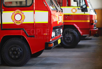 Buy stock photo Cropped shot of parked fire engines