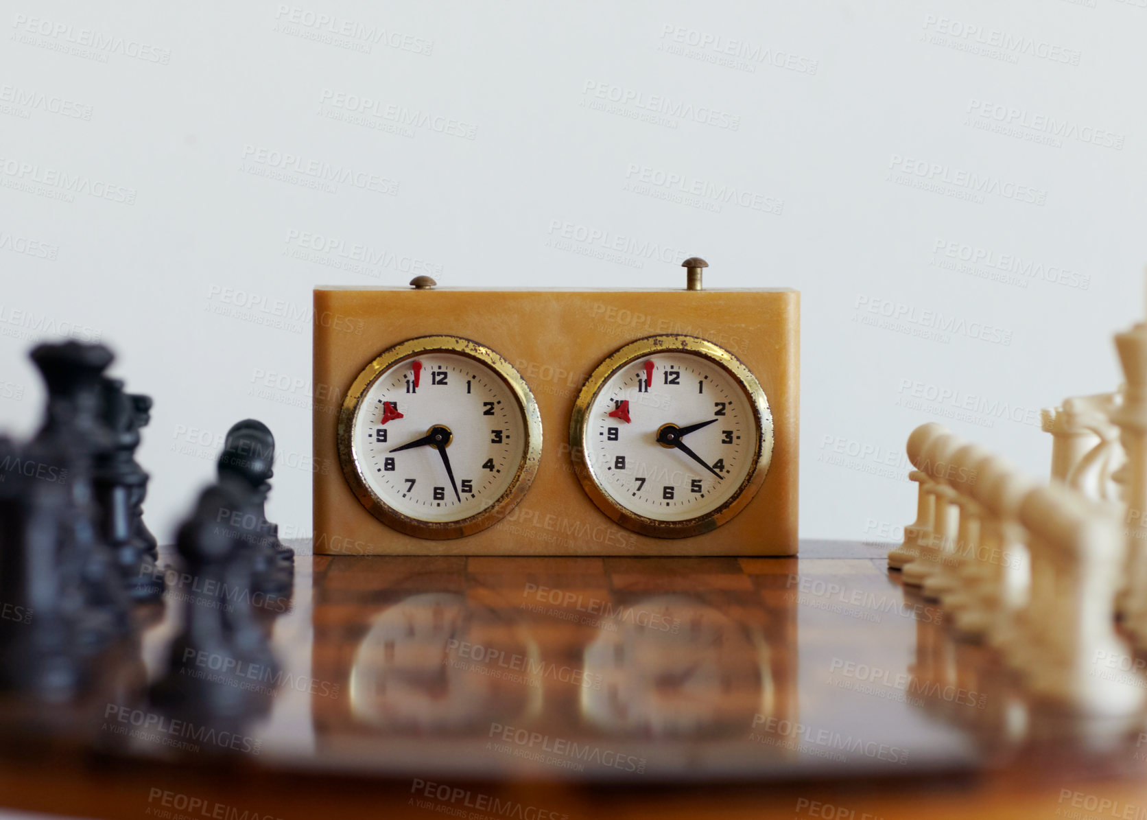 Buy stock photo A cropped shot of a chess board and a timer