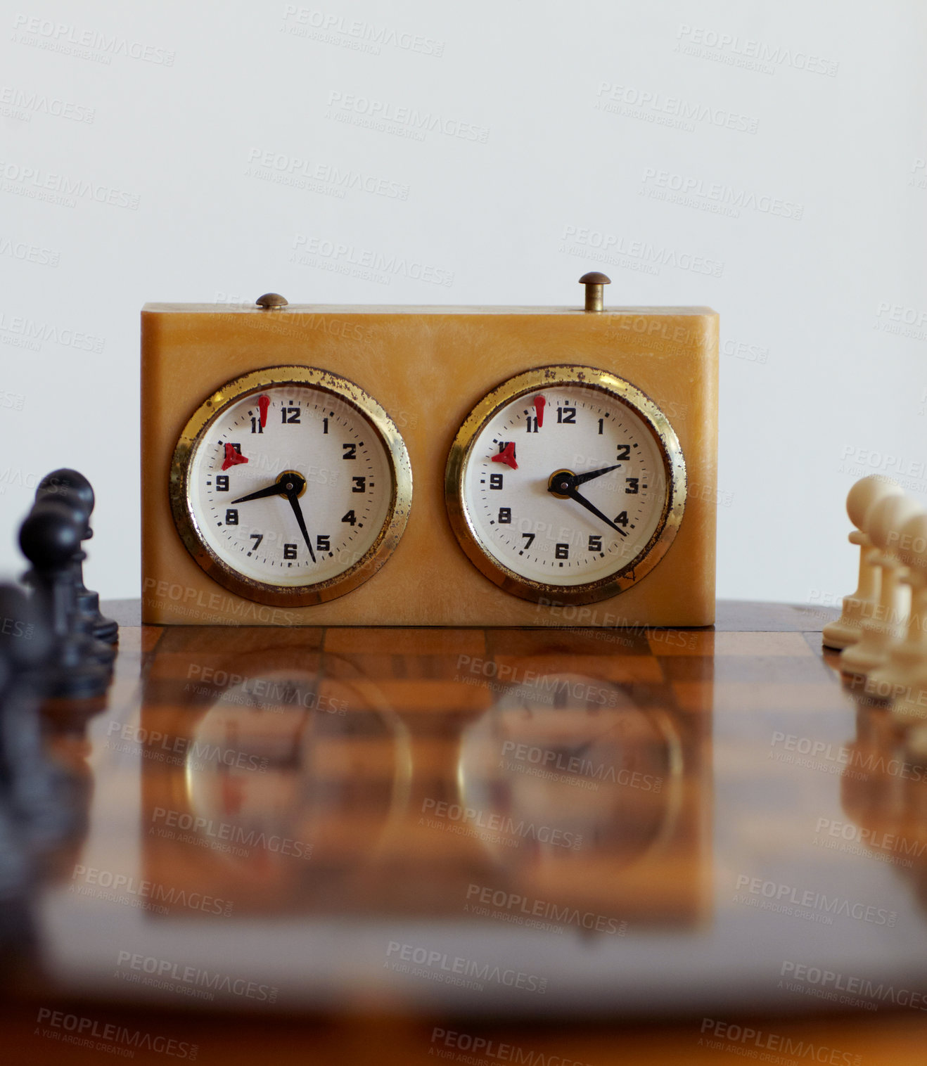 Buy stock photo Chess sport, timer and clock for challenge isolated on a white background mockup in studio. Game, board and countdown for time, alarm and tactical competition for strategy, logic and vintage watch.