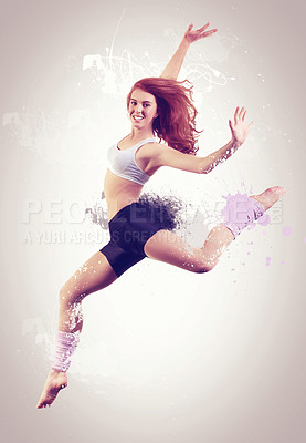 Buy stock photo Happy woman, dancer and jump with portrait in studio for creative exercise mockup on white background in Russia. Female person, aerobics and workout with artist leap for theater practice in space