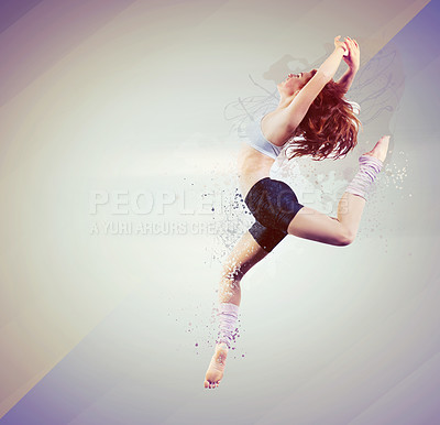 Buy stock photo Woman, dancing and jump art paint for creative expression, exercise, performance or colorful overlay. Person, aerobics or workout gymnastics with routine, energy or fit leap as  practice or training 