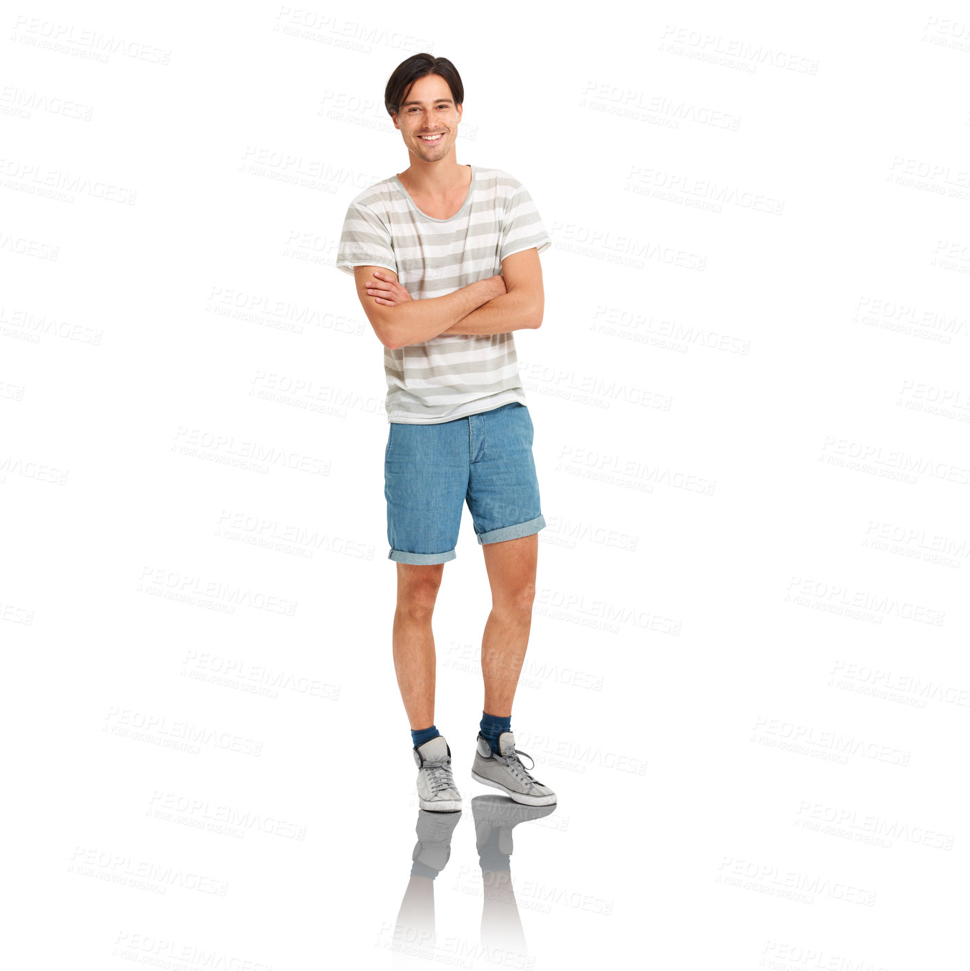 Buy stock photo Man, portrait and success with pride or aesthetic, arms crossed and white background in studio. Face, handsome and greek guy with creative designer in mockup, confident and trust with happiness

