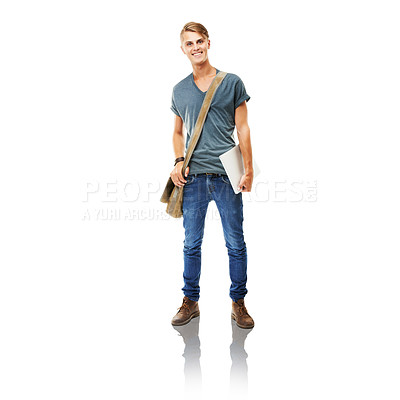Buy stock photo College, student and portrait of man excited for studying, education or learning in white background. University, academy and happy person with laptop, bag and a smile in studio, mockup or space 