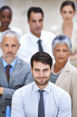 Buy stock photo Portrait, leadership and group of business people with community, confidence and solidarity at startup. Manager, professional men and women together in office with teamwork, pride and trust with boss
