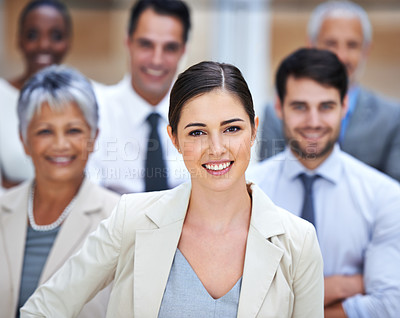 Buy stock photo Portrait, woman leader and group of business people with support, confidence and solidarity at startup. Community, professional men and women together in office with happy teamwork, pride and trust