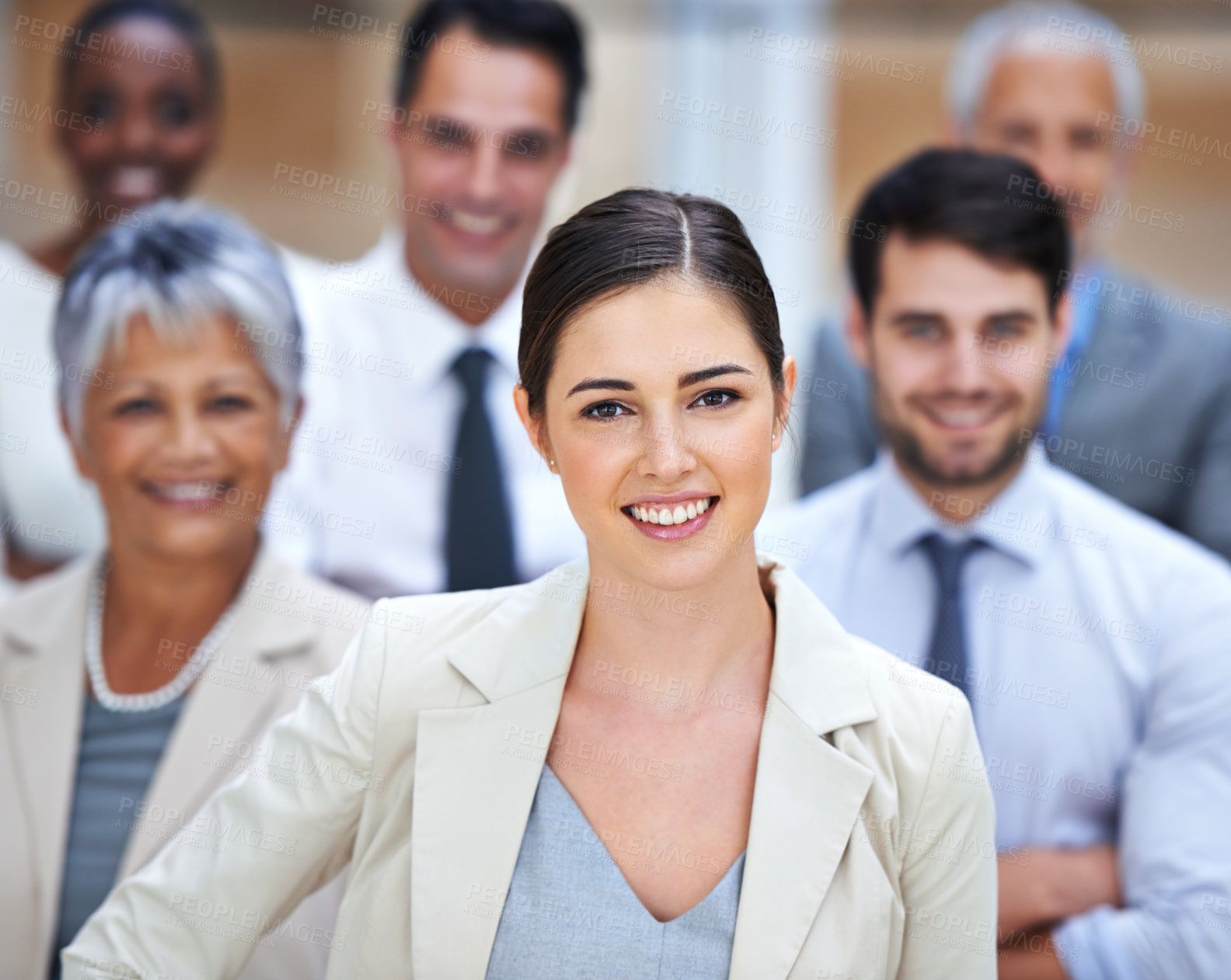 Buy stock photo Portrait, woman leader and group of business people with support, confidence and solidarity at startup. Community, professional men and women together in office with happy teamwork, pride and trust