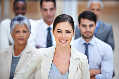 Buy stock photo Portrait, leadership and group of business people with female manager, confidence and solidarity at startup. Community, professional men and women together in office with teamwork, pride and trust