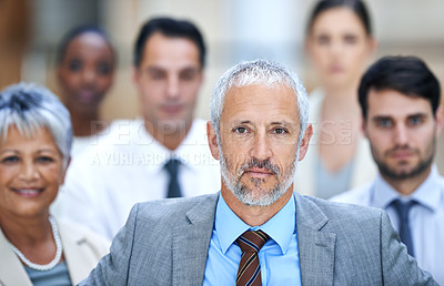 Buy stock photo Portrait, leadership and group of business people with manager, confidence and solidarity at startup. Community, professional men and women together in office with teamwork, pride and trust with CEO