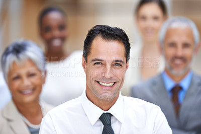 Buy stock photo Portrait, leadership and group of business people with smile, confidence and solidarity at startup. Community, professional men and women together in office with teamwork, pride and happy manager