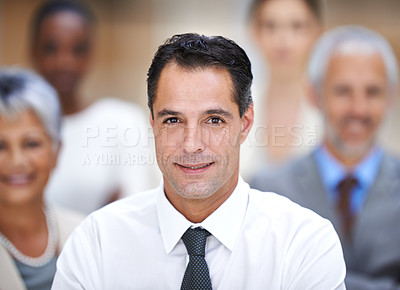 Buy stock photo Portrait, about us and group of business people with manager, confidence or solidarity at startup. Community, professional men and women together in office for teamwork, pride and trust in leadership