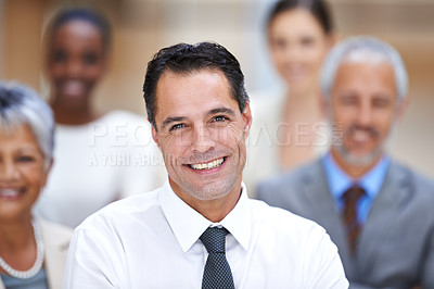 Buy stock photo Portrait, leadership and business people with happy manager, confidence and solidarity at startup. Community, professional men and women together in office with team, pride and smile with employees