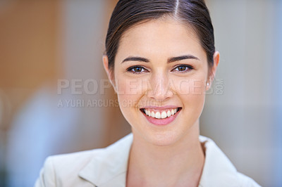 Buy stock photo Portrait, business and woman with smile, professional and confident girl in a workplace. Face, person or corporate with employee or entrepreneur with PR consultant, modern office or company developer
