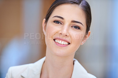 Buy stock photo Business woman, portrait and smile for career, job and workplace confidence in human resources. Face of a young person, worker or employee in blurred background with closeup, integrity and values